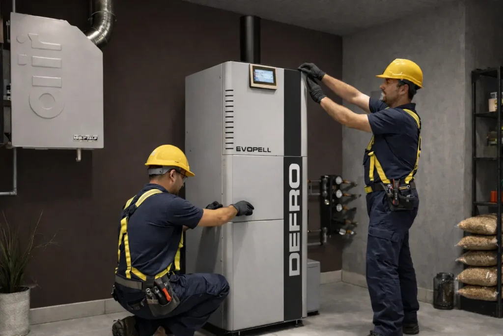 Nowoczesna kotłownia z kotłem na pellet i uporządkowaną instalacją